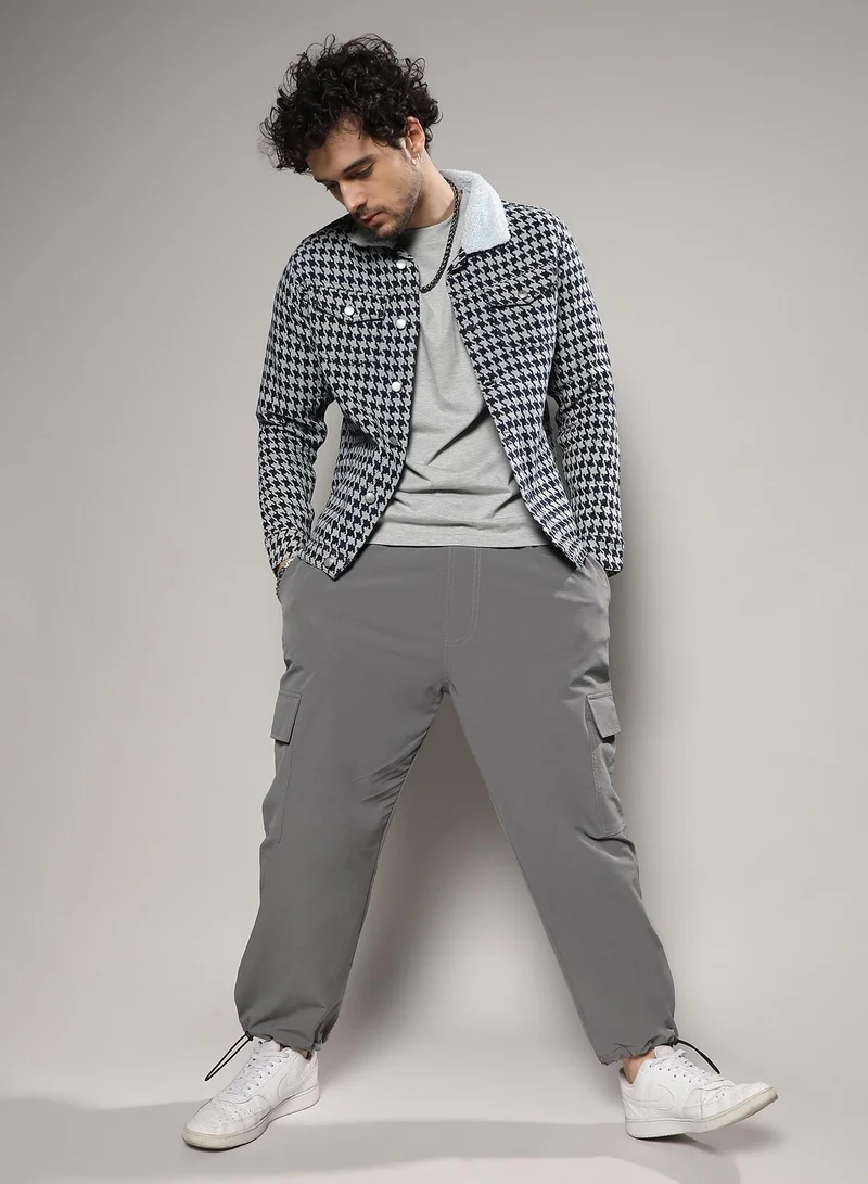 Campus Sutra Men's Navy Blue & Moon Grey Fleece Houndstooth Denim Jacket