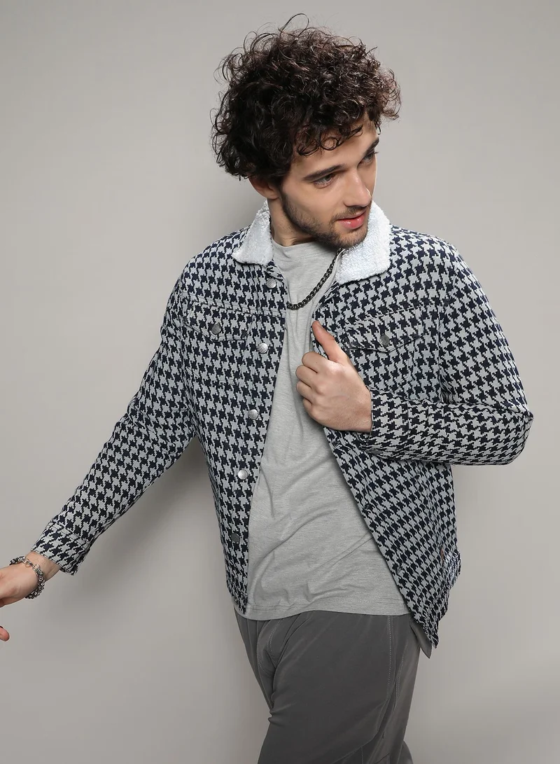 Campus Sutra Men's Navy Blue & Moon Grey Fleece Houndstooth Denim Jacket