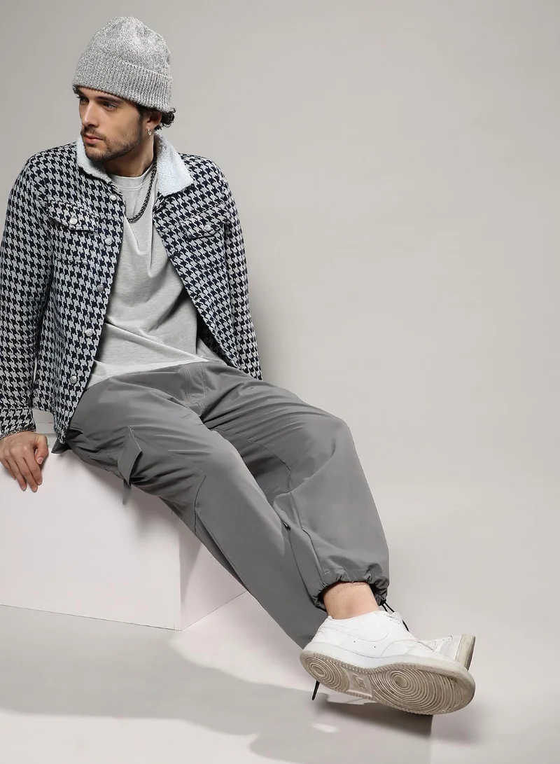 Campus Sutra Men's Navy Blue & Moon Grey Fleece Houndstooth Denim Jacket