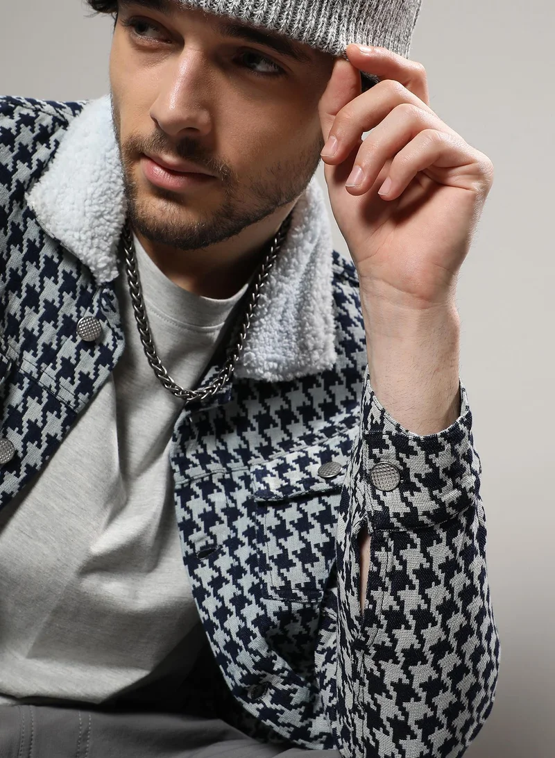 Campus Sutra Men's Navy Blue & Moon Grey Fleece Houndstooth Denim Jacket