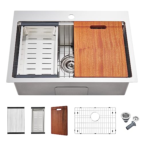 MENATT 25 x 18 Inch Drop in Workstation Kitchen Sink, 25 Inch Single Bowl Handmade Topmount Kitchen Sink, 18 Gauge Stainless Steel 9'' Deep Kitchen Workstation Sink with Cutting Board& Strainer - Image 1
