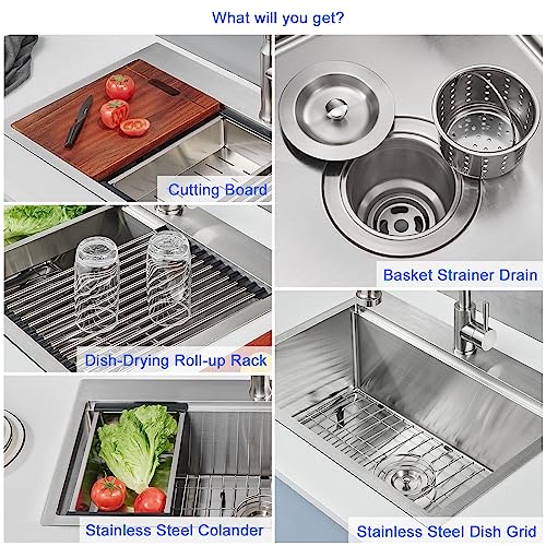 MENATT 25 x 18 Inch Drop in Workstation Kitchen Sink, 25 Inch Single Bowl Handmade Topmount Kitchen Sink, 18 Gauge Stainless Steel 9'' Deep Kitchen Workstation Sink with Cutting Board& Strainer - Image 4