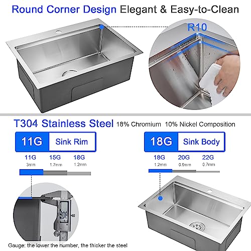 MENATT 25 x 18 Inch Drop in Workstation Kitchen Sink, 25 Inch Single Bowl Handmade Topmount Kitchen Sink, 18 Gauge Stainless Steel 9'' Deep Kitchen Workstation Sink with Cutting Board& Strainer - Image 5
