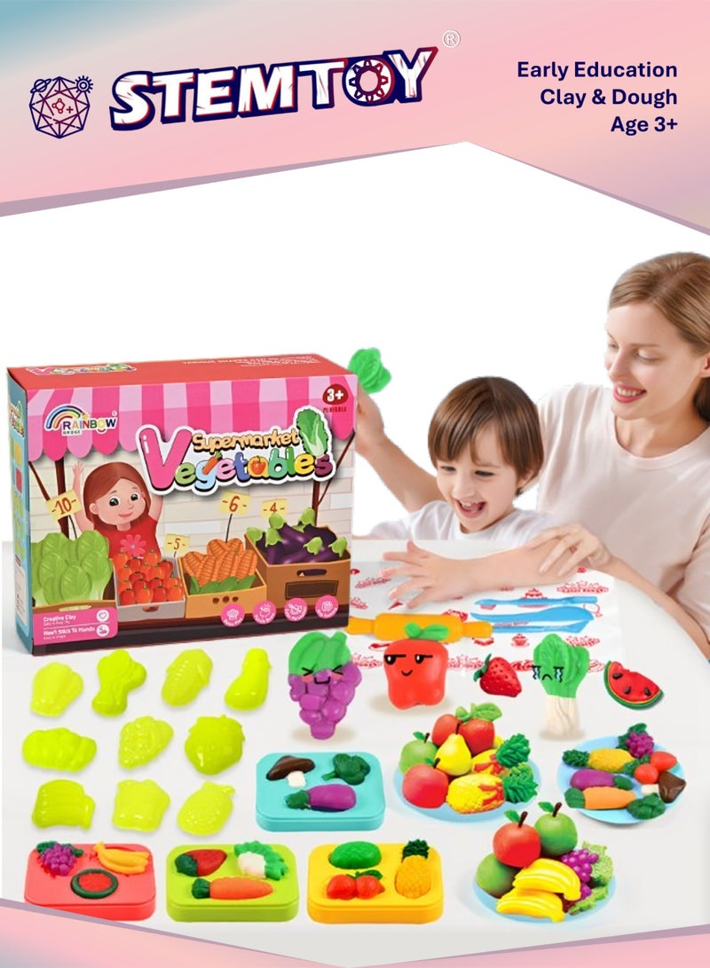 STEMTOY Playdough Set Play Dough Tools Play Clay Kit Play Dough Supermarket Set Fruits & Vegetables Shop Pretend Play Kitchen Pretend Play with 34 Pcs Play Dough Accessories and 12 Color Dough for Kids Girls Boys Ages 3+ Family Birthday Gift - Image 1
