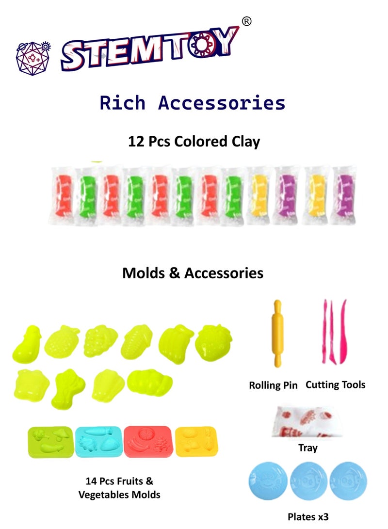 STEMTOY Playdough Set Play Dough Tools Play Clay Kit Play Dough Supermarket Set Fruits & Vegetables Shop Pretend Play Kitchen Pretend Play with 34 Pcs Play Dough Accessories and 12 Color Dough for Kids Girls Boys Ages 3+ Family Birthday Gift - Image 2