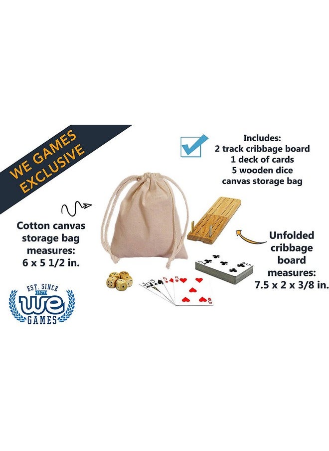 WE Games WE Games Cribbage Board Game Set, Travel Crib Board with Storage Slot and Drawstring Bag for Card Storage, Foldable 2 Track Cribbage Board with Cards, Metal Pegs and Dice, Mini Board Games  - Image 2