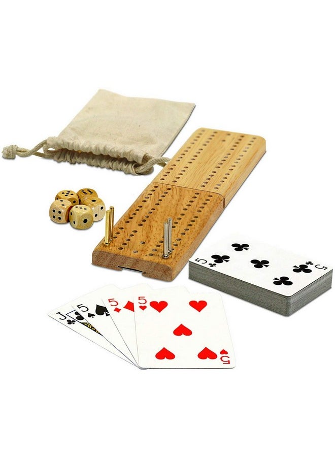 WE Games WE Games Cribbage Board Game Set, Travel Crib Board with Storage Slot and Drawstring Bag for Card Storage, Foldable 2 Track Cribbage Board with Cards, Metal Pegs and Dice, Mini Board Games  - Image 1