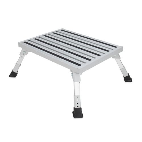 Camco Folding Aluminum Step Stool Adjustable Height for RV and Trailers Silver Lightweight Foldable and HeavyDuty Stepping Platform for Home and Camping - Image 1
