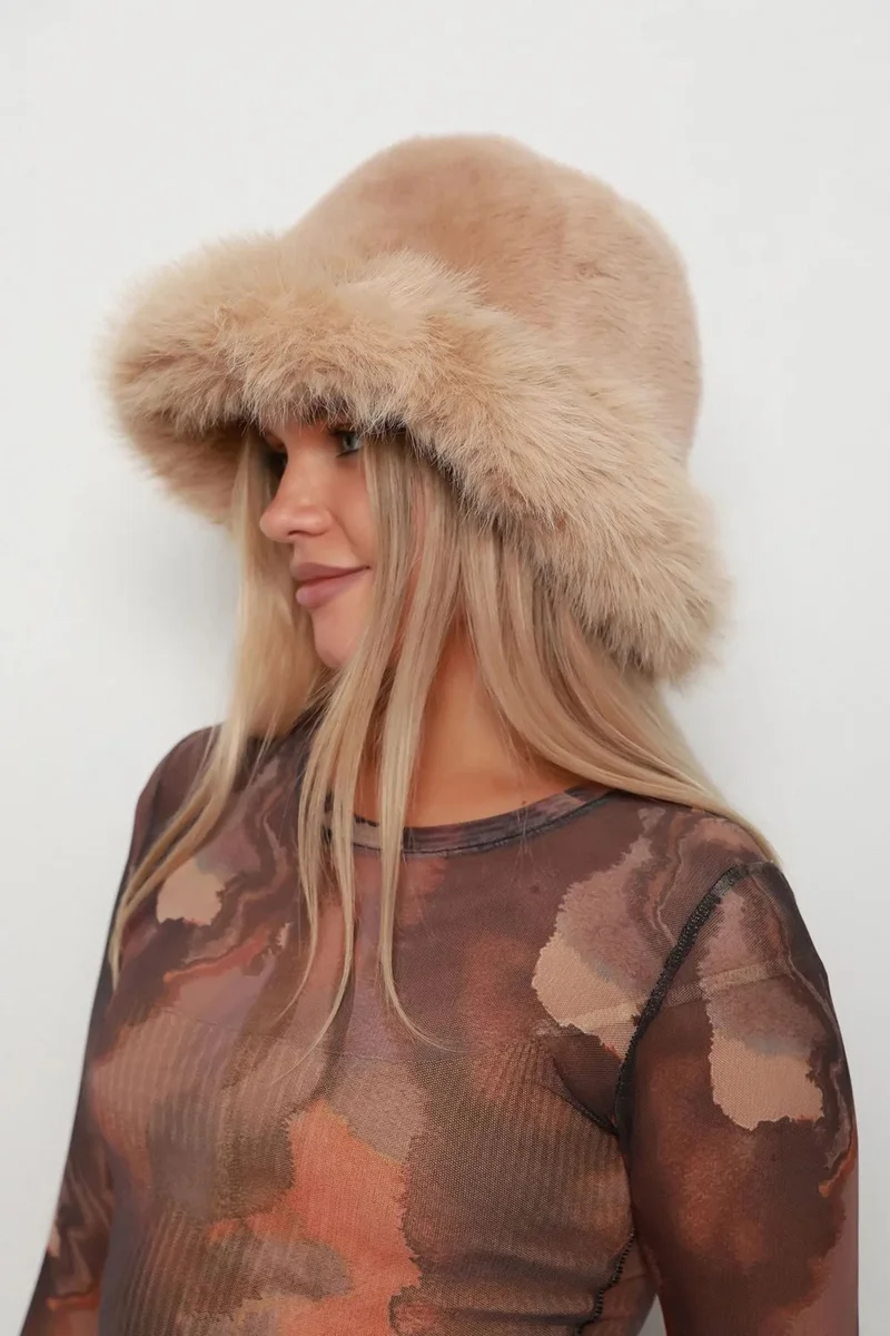 ريمسا Women's Plush Bucket Kalpak Hat Rkş-14 Camel