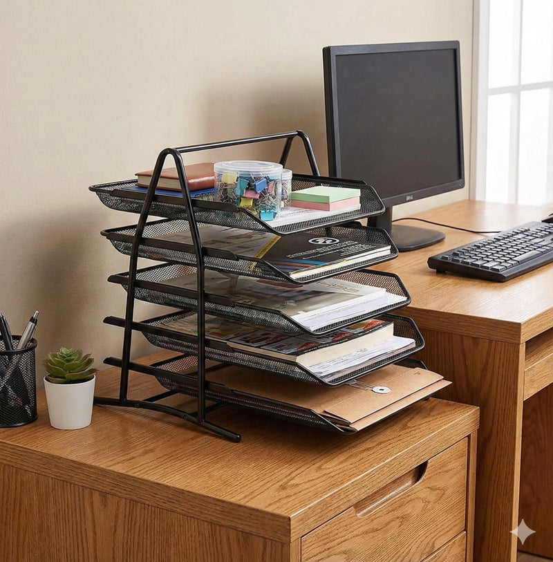 SOLDTRUE 5 Tier Mesh Metal Desk Organiser File Rack | Letter Tray A4 Papers Documents Holder Desk Organizer for Office (1 Pcs.) - Image 3