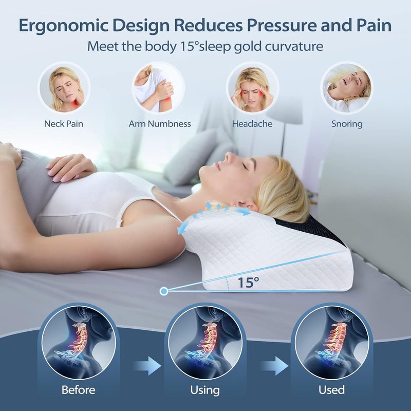 HOMCA Neck Pillow Cervical Memory Foam Pillows for Pain Relief, Orthopedic Contoured for Side, Back, and Stomach Sleepers, Ergonomic Pillow for Bed Sleeping with Breathable Pillowcase (Black) - Image 3