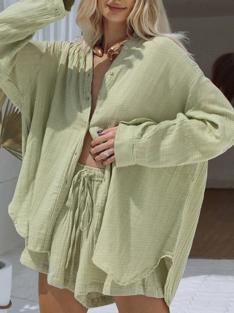 Fixmatti Long Sleeve Button up and Shorts Set for Women 2 Pieces Linen Outfits Summer Loungewear Sweatsuit Light Green M - Image 4