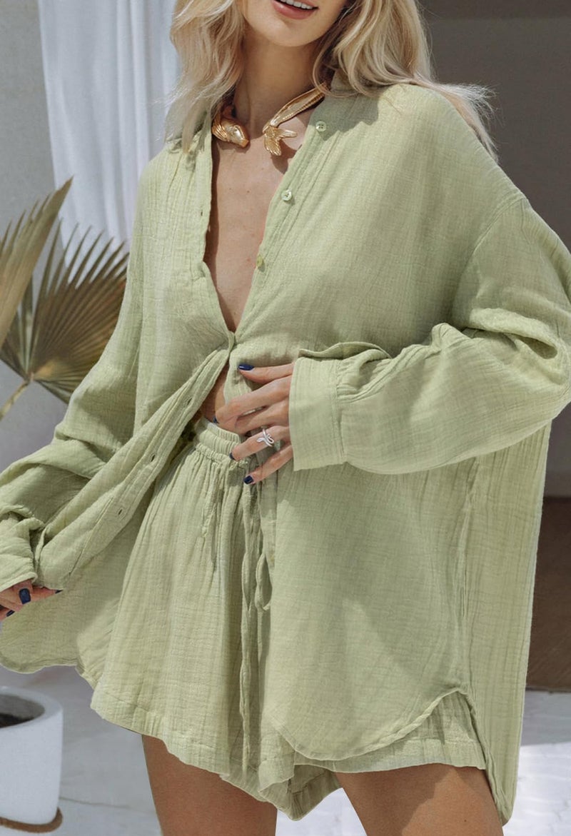 Fixmatti Long Sleeve Button up and Shorts Set for Women 2 Pieces Linen Outfits Summer Loungewear Sweatsuit Light Green M - Image 2
