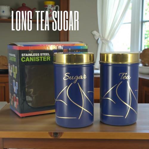 Classic Steels Premium Long Tea & Sugar Canister Set (850ml) (Blue) | Airtight Kitchen Canisters Stainless Steel Storage Jars with Gold Lid & Label | Matte Finish Kitchen Storage Container Set - Image 2