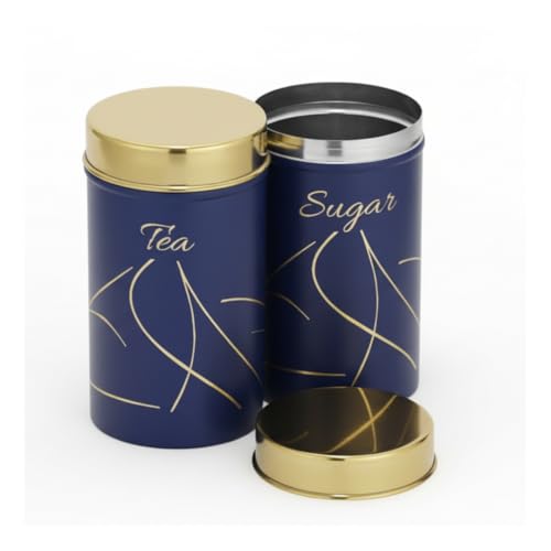 Classic Steels Premium Long Tea & Sugar Canister Set (850ml) (Blue) | Airtight Kitchen Canisters Stainless Steel Storage Jars with Gold Lid & Label | Matte Finish Kitchen Storage Container Set - Image 1
