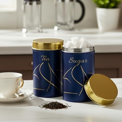 Classic Steels Premium Long Tea & Sugar Canister Set (850ml) (Blue) | Airtight Kitchen Canisters Stainless Steel Storage Jars with Gold Lid & Label | Matte Finish Kitchen Storage Container Set - Image 4