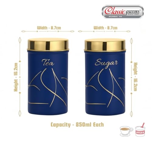 Classic Steels Premium Long Tea & Sugar Canister Set (850ml) (Blue) | Airtight Kitchen Canisters Stainless Steel Storage Jars with Gold Lid & Label | Matte Finish Kitchen Storage Container Set - Image 3