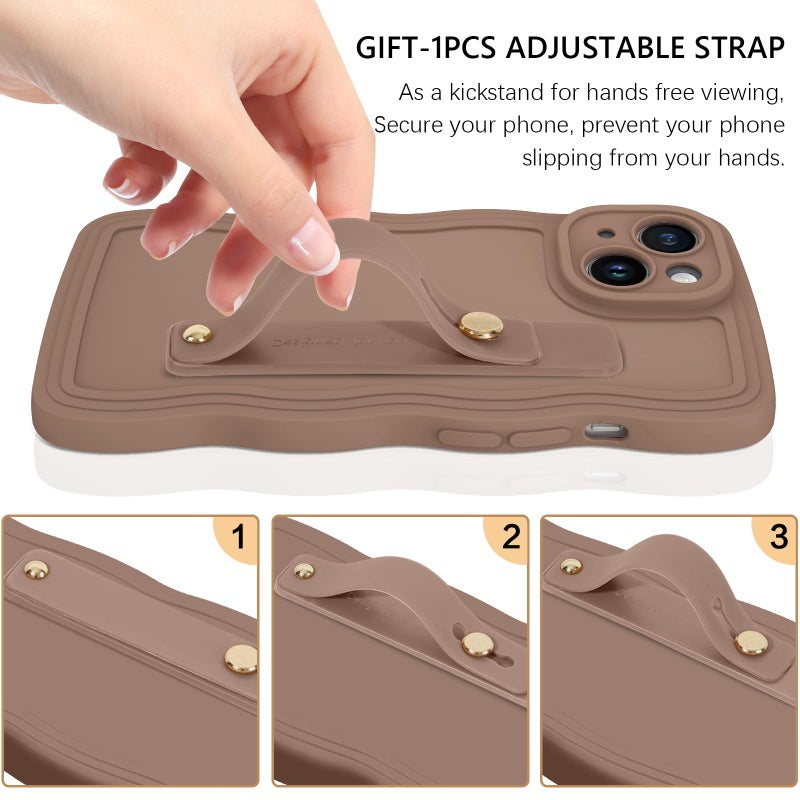 GUAGUA Compatible with iPhone 14 Case 6.1 Inch Cute Curly Wave Shape iPhone 14 Phone Case with Adjustable Wristband Kickstand Slim Soft TPU Shockproof Protective Strap Case for iPhone 14, Brown - Image 3