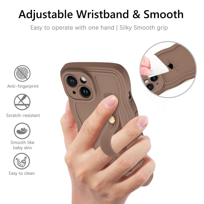 GUAGUA Compatible with iPhone 14 Case 6.1 Inch Cute Curly Wave Shape iPhone 14 Phone Case with Adjustable Wristband Kickstand Slim Soft TPU Shockproof Protective Strap Case for iPhone 14, Brown - Image 2