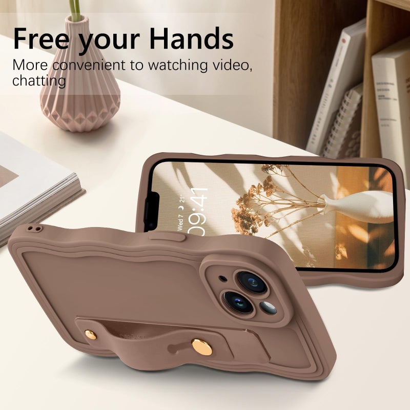 GUAGUA Compatible with iPhone 14 Case 6.1 Inch Cute Curly Wave Shape iPhone 14 Phone Case with Adjustable Wristband Kickstand Slim Soft TPU Shockproof Protective Strap Case for iPhone 14, Brown - Image 4