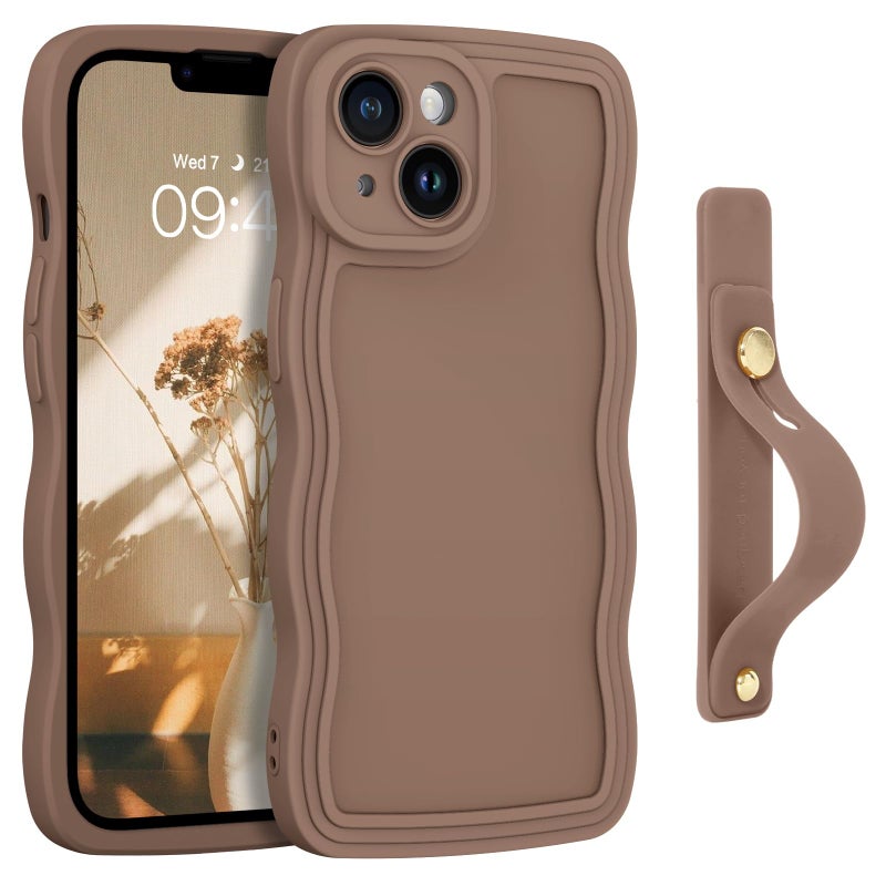 GUAGUA Compatible with iPhone 14 Case 6.1 Inch Cute Curly Wave Shape iPhone 14 Phone Case with Adjustable Wristband Kickstand Slim Soft TPU Shockproof Protective Strap Case for iPhone 14, Brown - Image 1