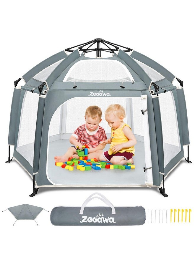Zooawa Pop Up Playpen for Baby, Portable Playpen for Babies and Toddlers with Removable Sun-Shades& 2 Side UV Covers, Lightweight Outdoor Baby Playpen for Beach Home with Travel Bag,Light Gray - Image 1