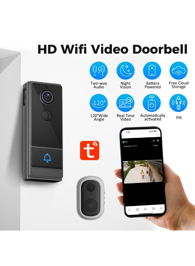 Tuya App Doorbell Camera Wireless, Video Doorbell, Smart Doorbell, Human Detection with PIR Sensor, Real Time Notifications, 2.4G Wi-Fi, 1080P HD Night Vision, Voice Changer, 2-Way Audio, 4000mah Rechargeable Battery - Image 2