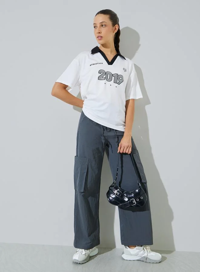 Styli White Open Collar Oversized Polo T-Shirt