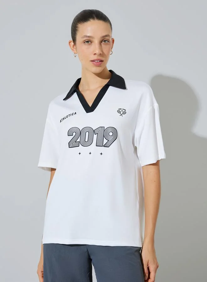 Styli White Open Collar Oversized Polo T-Shirt