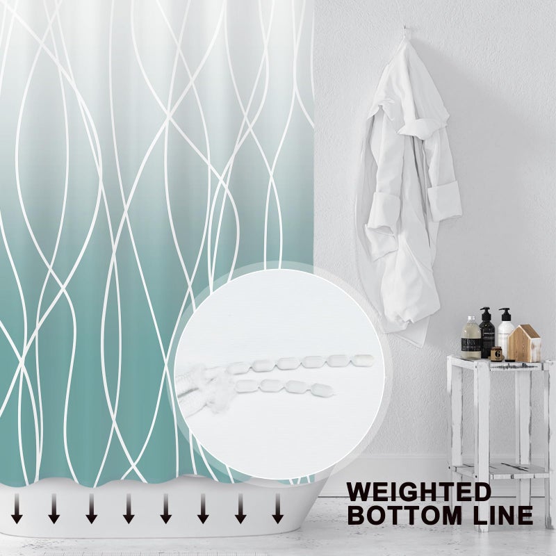 Punkray Ombre Teal Striped Fabric Shower Curtain for Bathroom with 12 Hooks  Shower Curtains for Bathroom  Waterproof Bath Accessories Hotel Style - Machine Washable 72 X 72 - Image 2