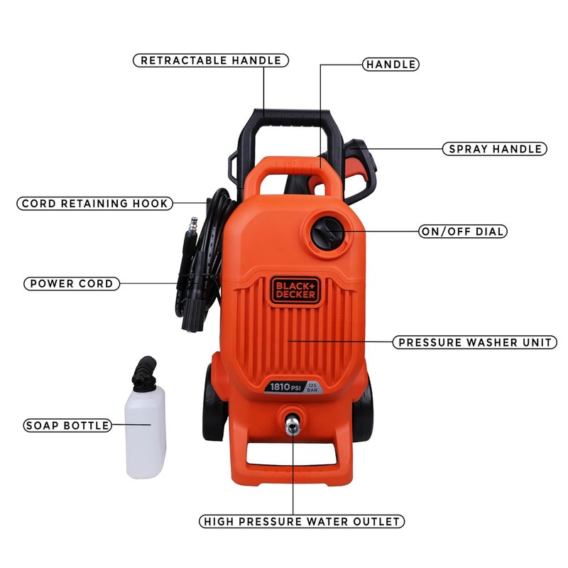 BLACK+DECKER بلاك + ديكر بي إي بي دبليو 1800 تي 1700 واط 1810 PSI 125 بار غسالة ضغط للسيارة والدراجة والتنظيف المنزلي والحدائق مع ملحقات متعددة متضمنة، ضمان لمدة سنة، برتقالي وأسود - Image 5