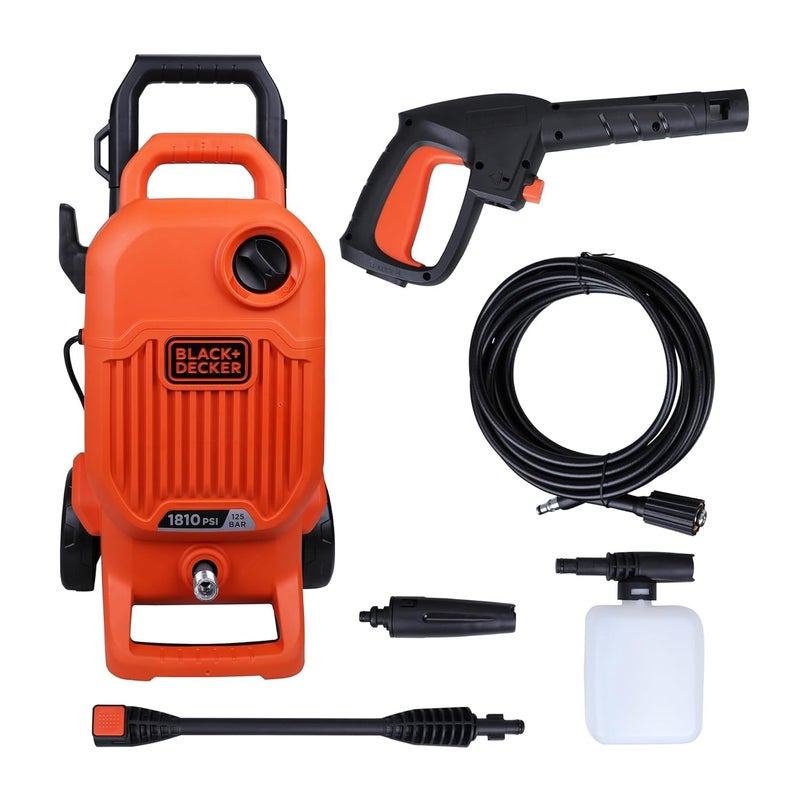 BLACK+DECKER بلاك + ديكر بي إي بي دبليو 1800 تي 1700 واط 1810 PSI 125 بار غسالة ضغط للسيارة والدراجة والتنظيف المنزلي والحدائق مع ملحقات متعددة متضمنة، ضمان لمدة سنة، برتقالي وأسود - Image 1