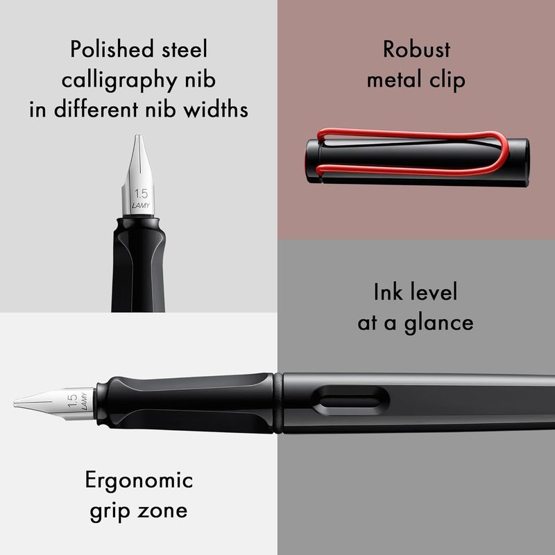 LAMY joy black - calligraphy fountain pen with ergonomic grip & polished steel nib in line width 1.1 mm - Calligraphy Fountain Pen with ribbon nib - incl. ink cartridge T 10 blue - Image 3
