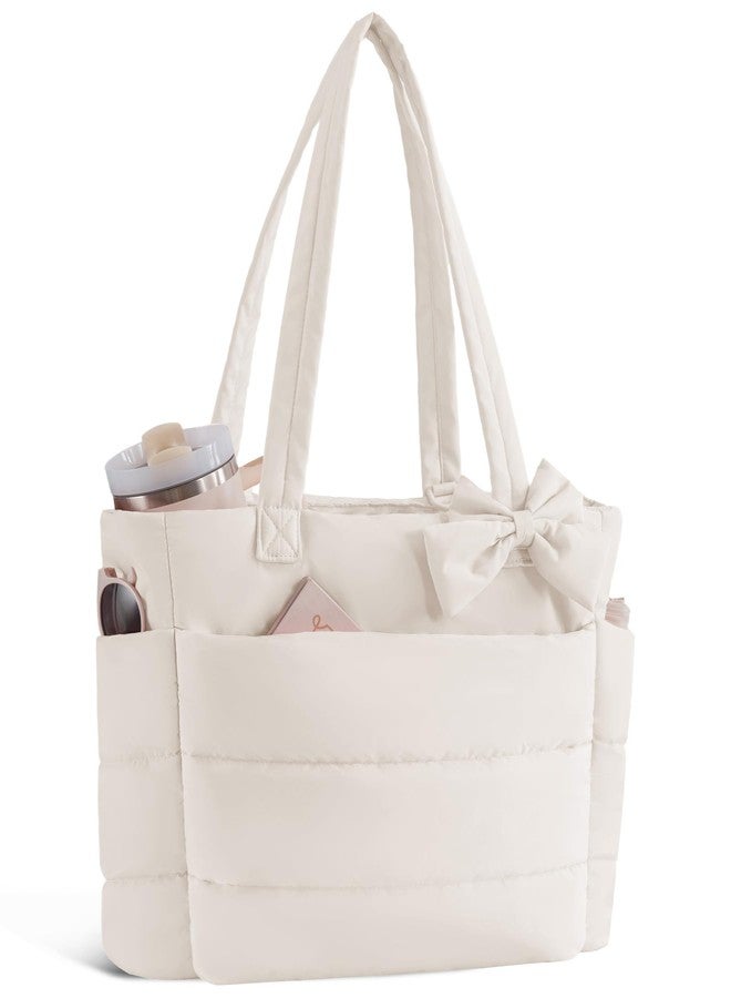 CTWWFS Puffer Tote Bag for Women, Quilted Bow Tote Bag with Cup Holder & 15.6 In Laptop Compartment for Work, Travel, Gym, College, Beige, Medium, Fashion - Image 1