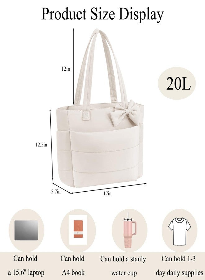 CTWWFS Puffer Tote Bag for Women, Quilted Bow Tote Bag with Cup Holder & 15.6 In Laptop Compartment for Work, Travel, Gym, College, Beige, Medium, Fashion - Image 3