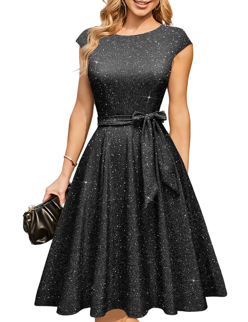 DRESSTELLS Women Sequin Formal Party Cocktail Dresses for Wedding Guest, Sparkly Fancy Aline Prom Tea Length Fit Flare Evening Gown Glitter Black L - Image 1