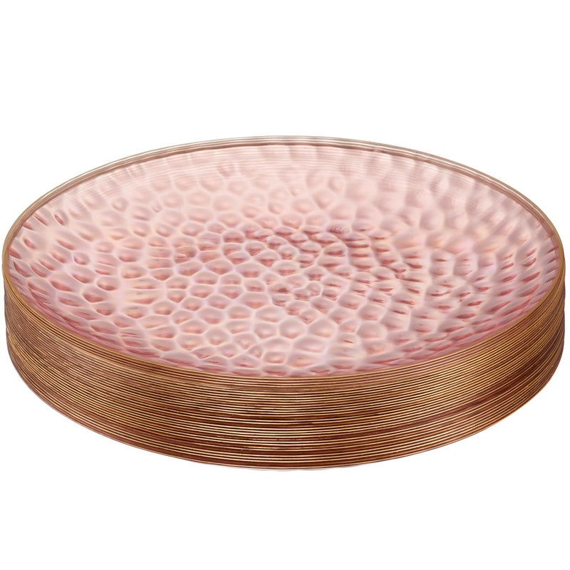 PLASTICPRO 30 Pack Hammered Plastic Plates Heavyweight Disposable Plastic Plates Elegant Clear Platsic Party Dishes Hammered Pink With Gold Rim 10 INCH PLATES