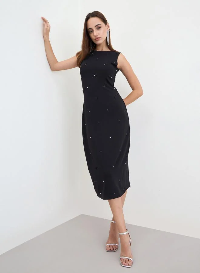Styli Styli Black Studded Sleeveless Midi Dress