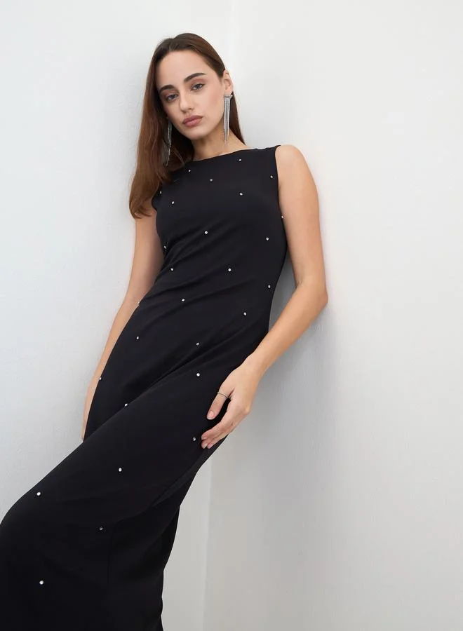 Styli Styli Black Studded Sleeveless Midi Dress