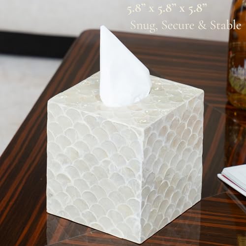 MOWABI 5.9" Capiz Shell Tissue Box Cover for Kleenex and More, Square Decorative Holder with Bottom Slider, Handmade Bathroom Accessory Coastal Décor (Natural) - Image 3