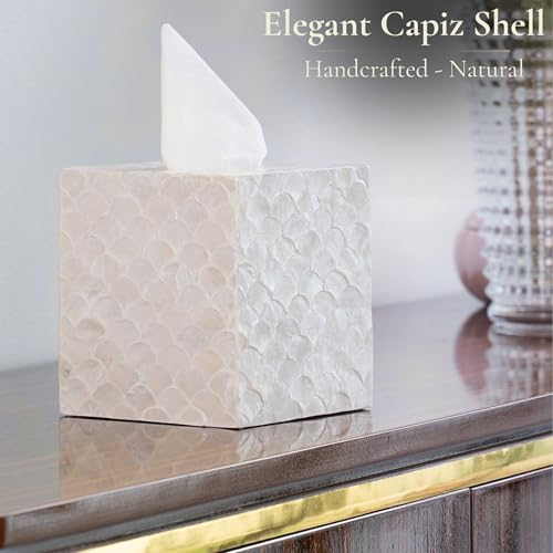 MOWABI 5.9" Capiz Shell Tissue Box Cover for Kleenex and More, Square Decorative Holder with Bottom Slider, Handmade Bathroom Accessory Coastal Décor (Natural) - Image 2