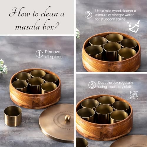 nestroots Wooden Masala Box for Kitchen | 9-Inch Spice Organizer with 7 Stainless Steel Jars | Anjarai Petti | Masala Dani for Spices, Dry Fruits & Cereals | Laser Golden Finish - Image 3