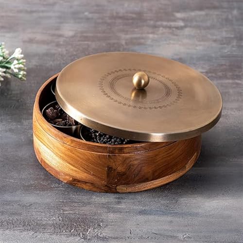 nestroots Wooden Masala Box for Kitchen | 9-Inch Spice Organizer with 7 Stainless Steel Jars | Anjarai Petti | Masala Dani for Spices, Dry Fruits & Cereals | Laser Golden Finish - Image 1