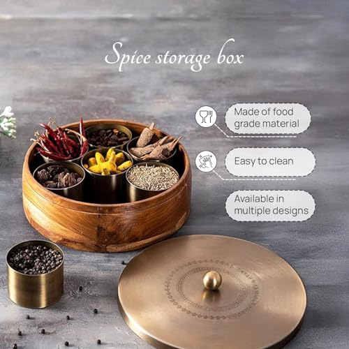 nestroots Wooden Masala Box for Kitchen | 9-Inch Spice Organizer with 7 Stainless Steel Jars | Anjarai Petti | Masala Dani for Spices, Dry Fruits & Cereals | Laser Golden Finish - Image 4