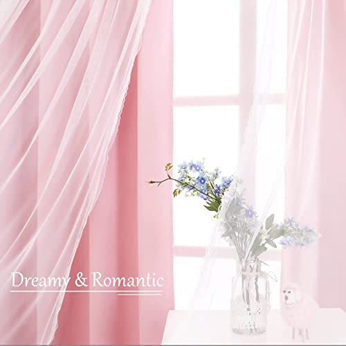 SOFJAGETQ Double Layered Blackout Pink Curtains 2 Panels - Princess Cute and Girly Draperies for Bedroom Living Room Nursery Pink Lace Hem Room Darkening Curtains, 52x84 inches - Image 5