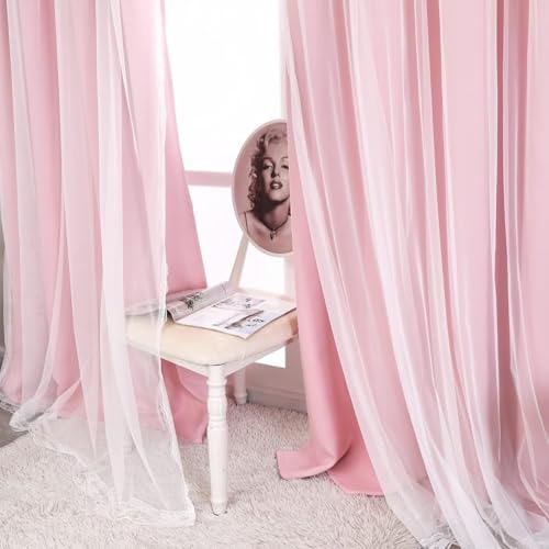 SOFJAGETQ Double Layered Blackout Pink Curtains 2 Panels - Princess Cute and Girly Draperies for Bedroom Living Room Nursery Pink Lace Hem Room Darkening Curtains, 52x84 inches - Image 4