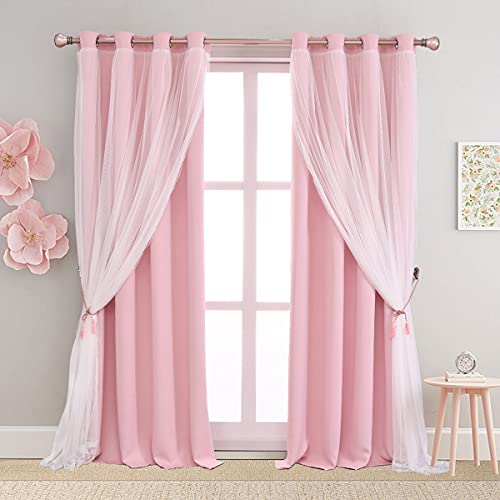 SOFJAGETQ Double Layered Blackout Pink Curtains 2 Panels - Princess Cute and Girly Draperies for Bedroom Living Room Nursery Pink Lace Hem Room Darkening Curtains, 52x84 inches - Image 1