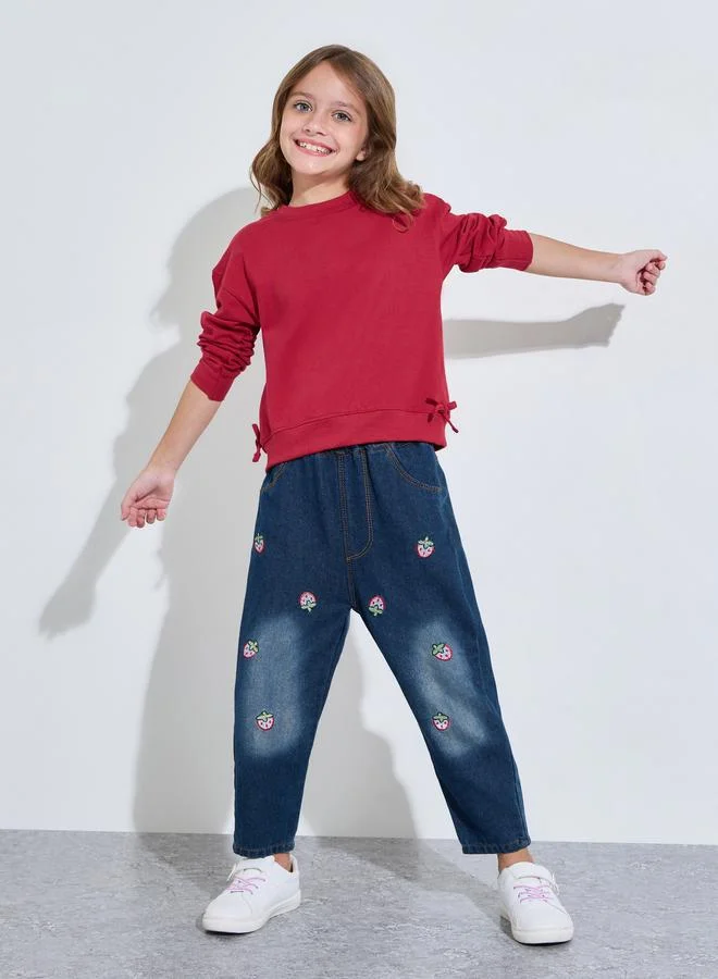 ستايلي Girls Red Solid Side Bow Details Oversized Sweatshirt