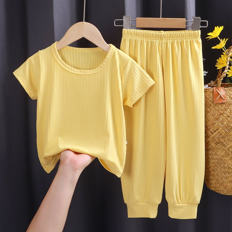 2024 Summer Kids Home Suit Casual Unisex Pajama Set V yellow home clothes 