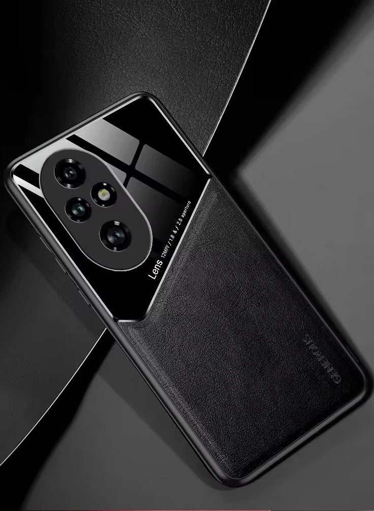 حافظة متوافقة مع هاتف Honor 200 Pro 5G، غطاء جلدي وزجاجي فاخر مع حامل مغناطيسي للسيارة وغطاء هاتف إطار ناعم من السيليكون - أسود - Image 1